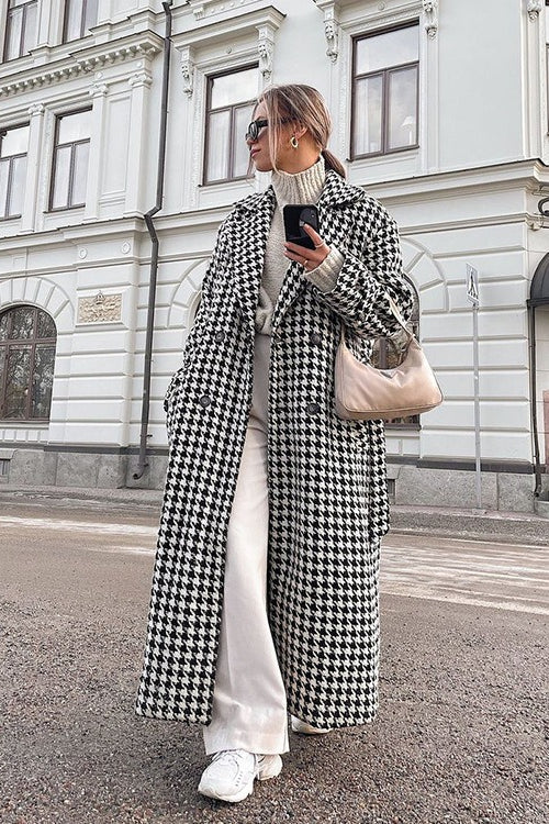 Houndstooth Long Trench Coat Chic Elegant Overcoat
