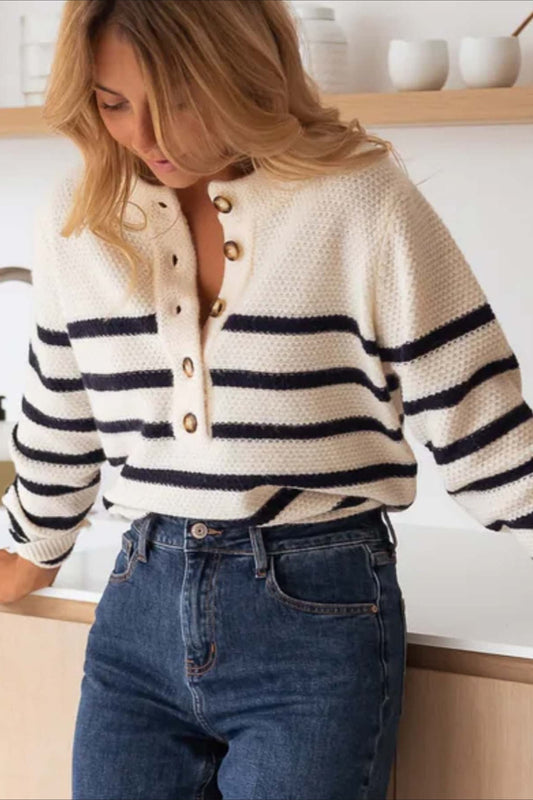 Button Front Stripe Knit Pullover Bloshope
