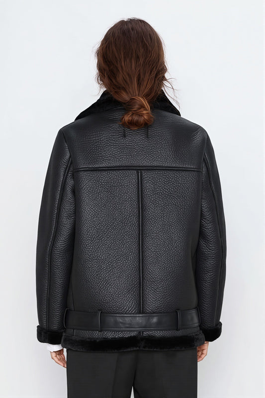 Asymmetric Zip Shearling Moto Coat