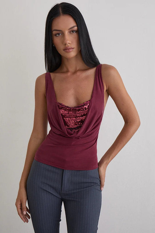 Chic Solid Slim U Neck Sequin Cami Top