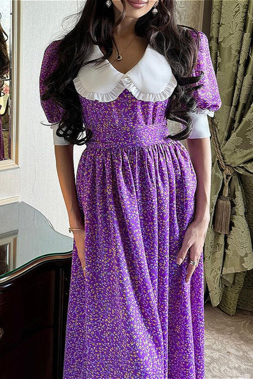 Purple Tie Waist Short Sleeve Babydoll Floral Dress