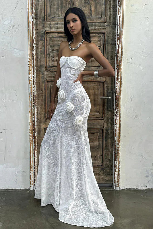 Sheer Lace Strapless 3D Floral Train Maxi Dress