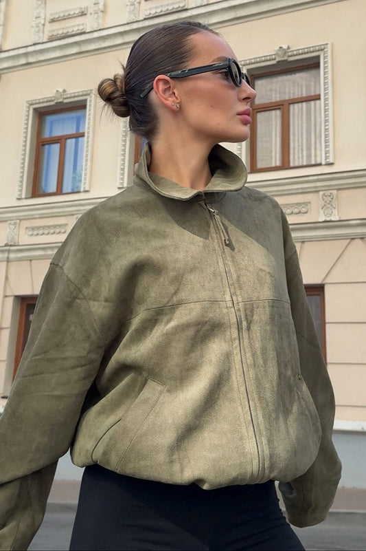 Casual Green Suede Collar Jacket