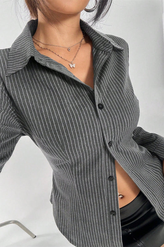 Button Striped Long Sleeve Shirt Cardigan Bloshope