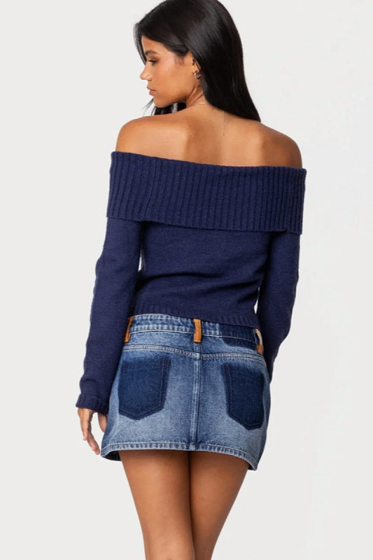 Solid Color Off-Shoulder Boat Neck Long-Sleeve Knit Top