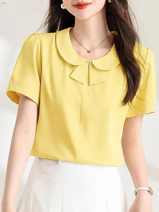 Casual Loose Lapel Solid Color Short Sleeve Bloshope