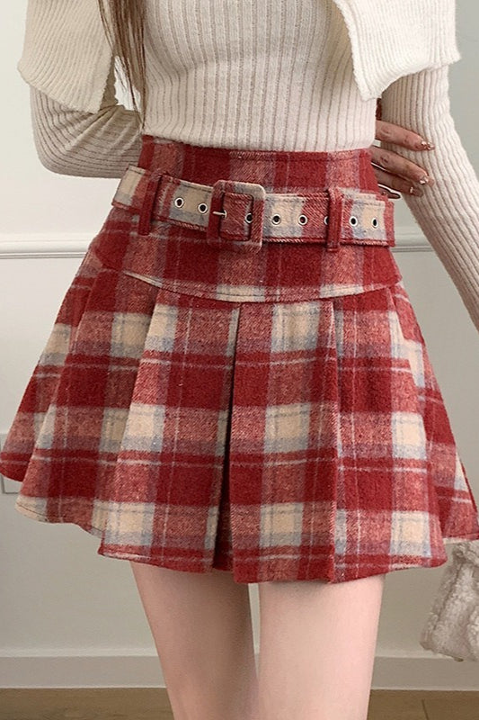 Plus Size Wool Plaid Pleated Skirt
