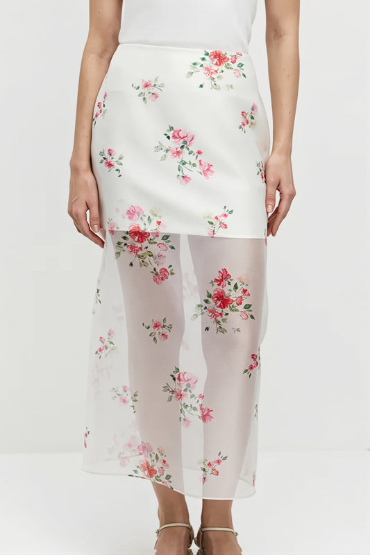 Elegant Floral See Through Split Skirt