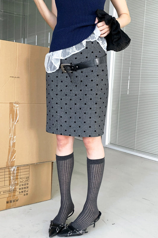 High Waist Flocked Polka Dot Bodycon Midi Skirt