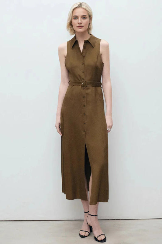 V Neck Sleeveless Waist Tie Shirt Maxi Dress