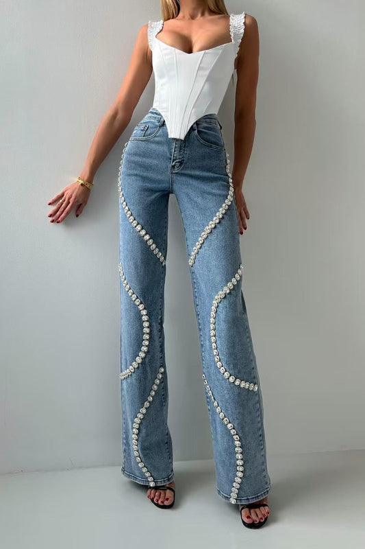 Rhinestone Patch Straight Leg Jeans