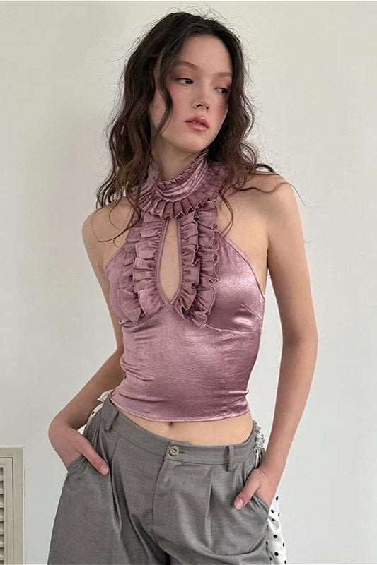 Elegant Ruffled Cutout Stand Collar Cropped Tank Top