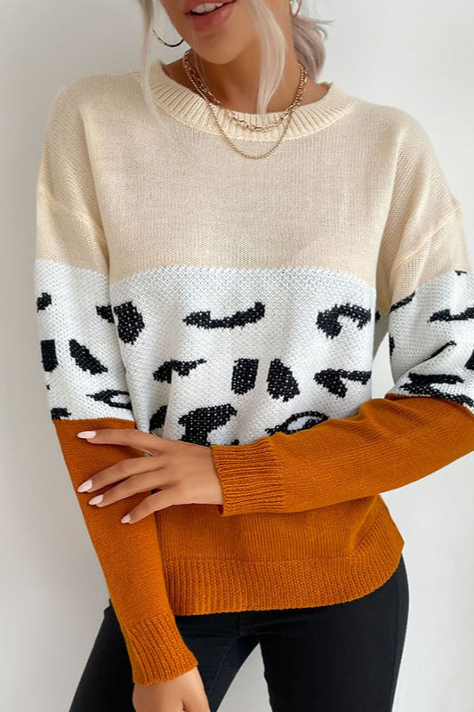 Contrast Leopard Pattern Knit Sweater