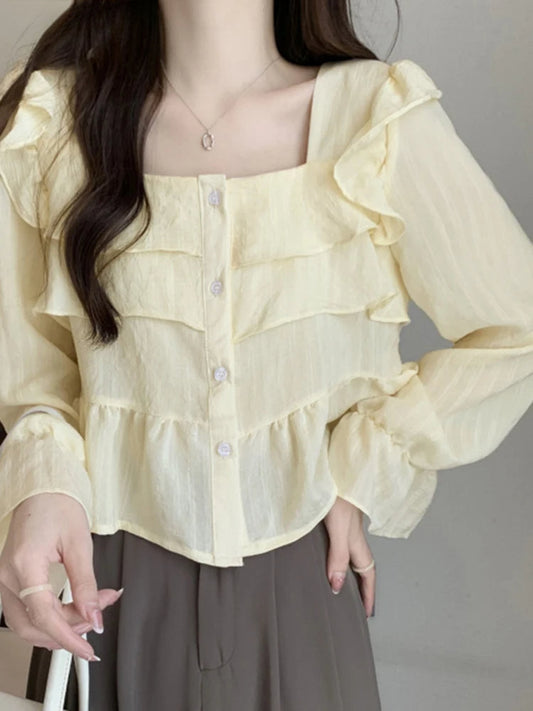 Ruffled Square Neck Flare Sleeve Bloshope