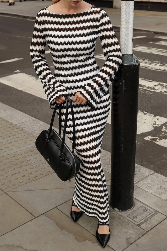 Knit Striped Long Sleeve Fitted Off Shoulder Slit Maxi Dress