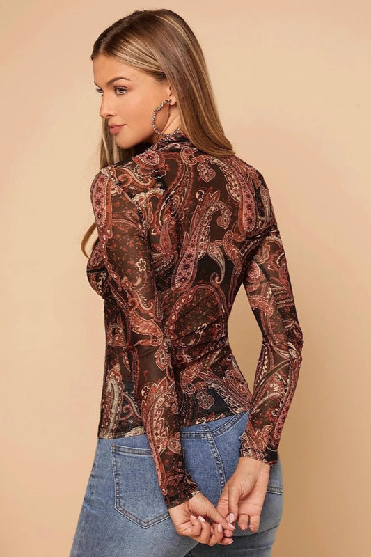 Paisley Print Stand Collar Mesh Long Sleeve Bloshope