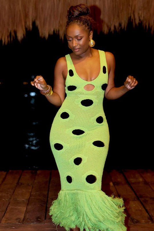 Knit Sleeveless Bodycon Polka Dot Fringe Maxi Dress