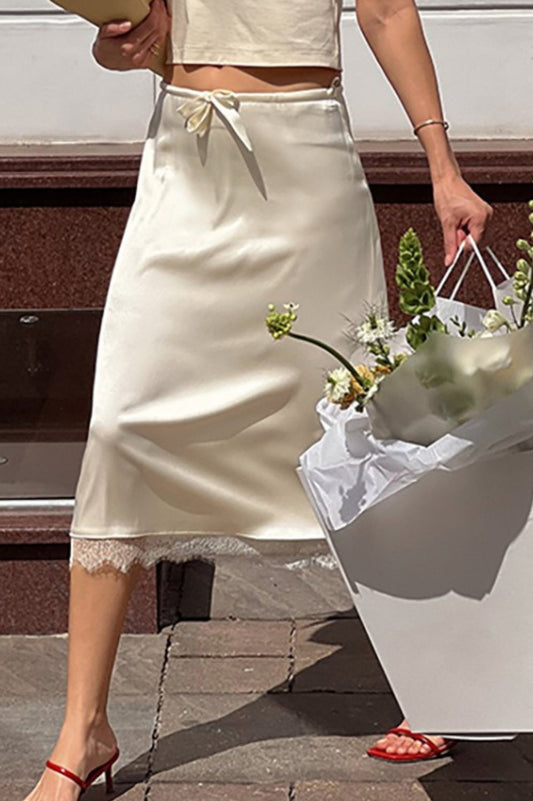 Elegant Lace Trim Tie Waist Midi Skirt