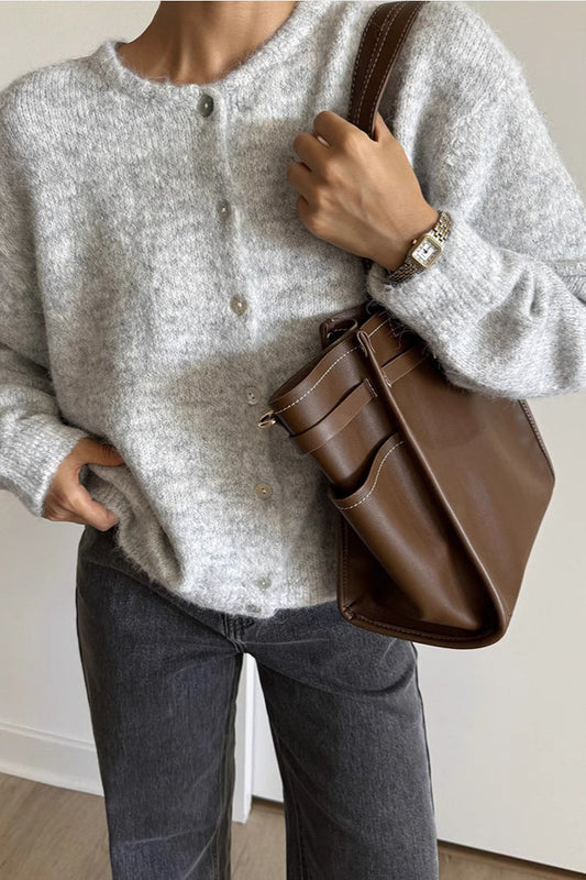 Grey Wool Shell Button Knit Cardigan