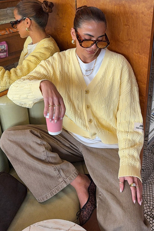 V-Neck Solid Color Single-Row Button Long-Sleeve Knit Cardigan