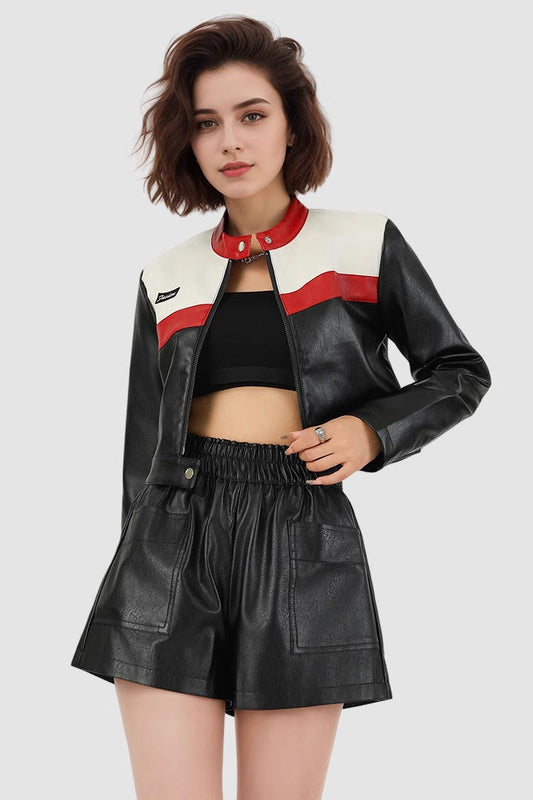 Cropped Bomber Style PU Coat
