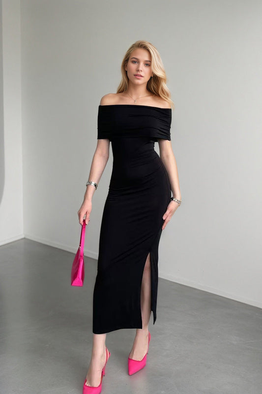 High Waist Off Shoulder Slit Formal Dress