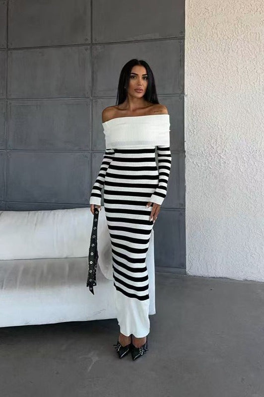 Striped Off Shoulder Sweater Dress S / White