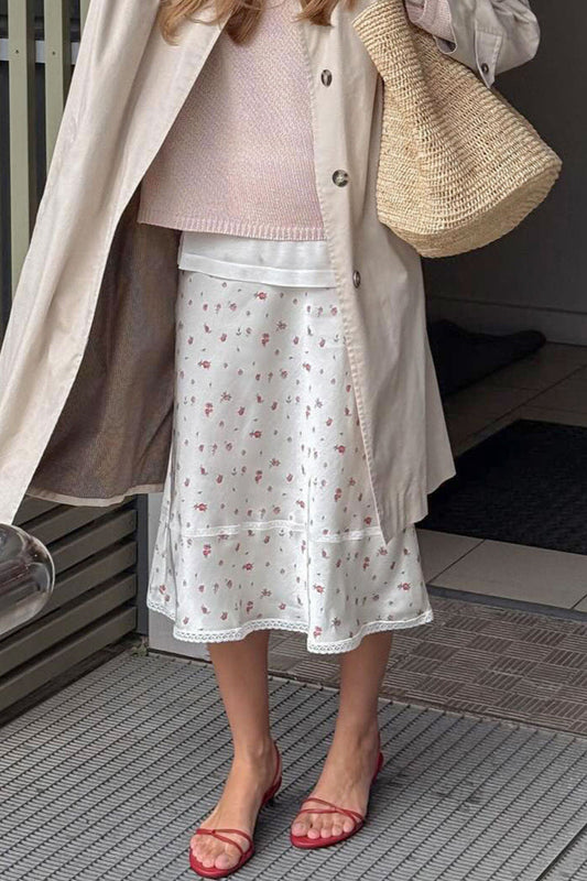 Floral Lace Panel Midi Skirt