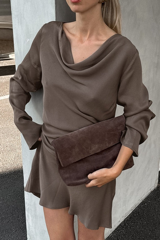 Vintage Satin Cowl Neck Long Sleeve Mini Dress