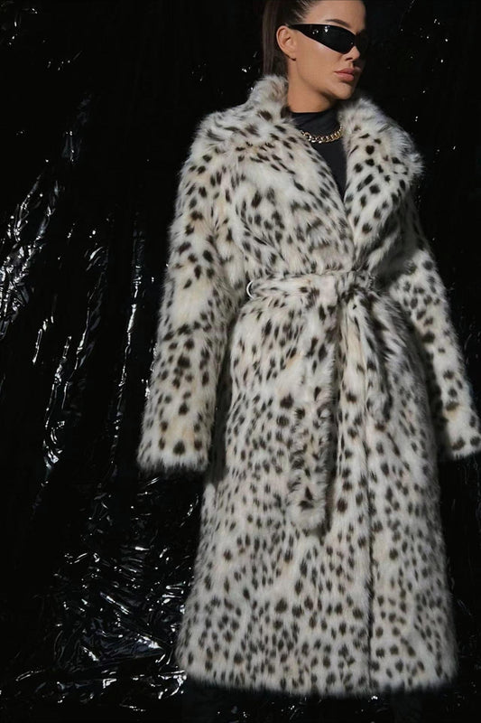 Leopard Print Faux Fur Long Coat