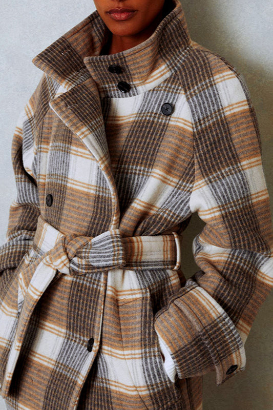 Plaid Woolen Color Blocking Cinched Overcoat