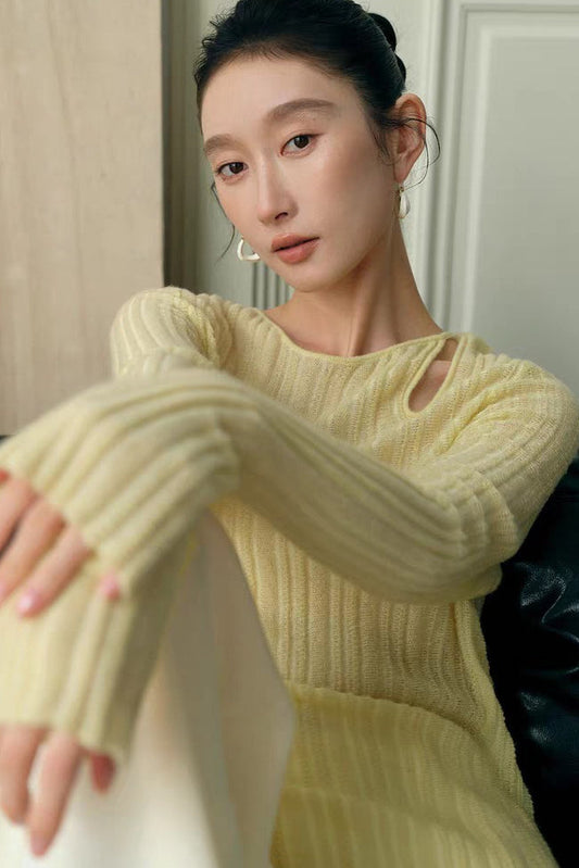 Yaohua Xiyan French Elegant Wool Openwork Ribbed Knit Top