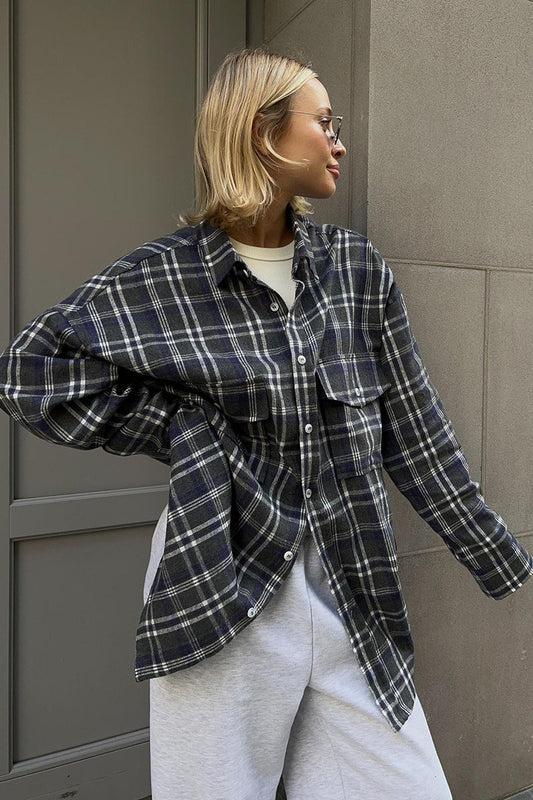 Plaid Mid Length Double Pocket Shirt Bloshope