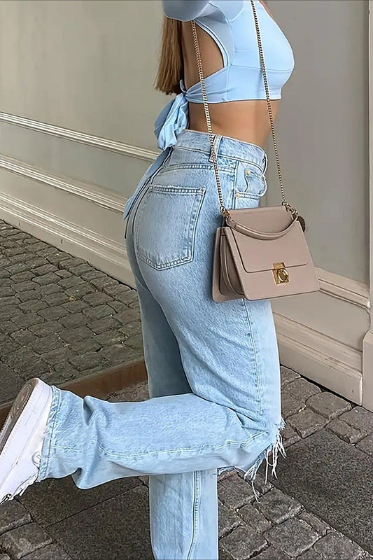 Distressed Light-Wash Straight Jeans