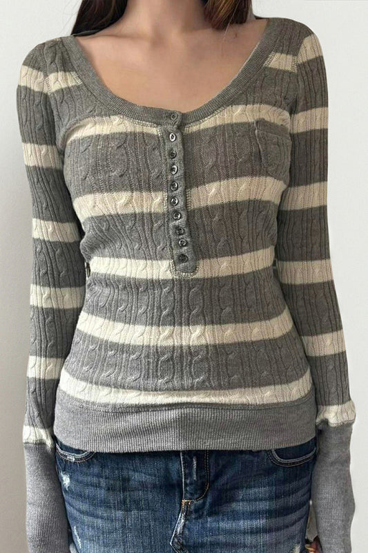Cable Knit Striped Square Neck Sweet Knit Sweater