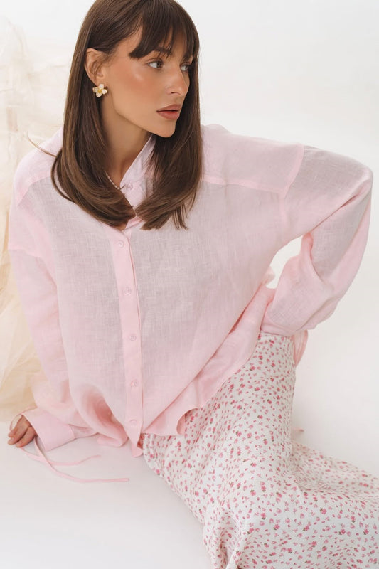 Pink Structured Tie-Waist Long Sleeve Bloshope