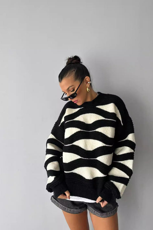 Knit Black White Stripe Round Neck Loose Sweater