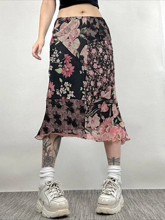 Casual Patchwork Floral Straight Slim Mid-Waisted Maxi Skirt Streetwear
