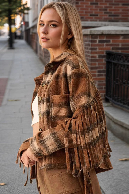Plaid Side-Fringe Wool Short Coat