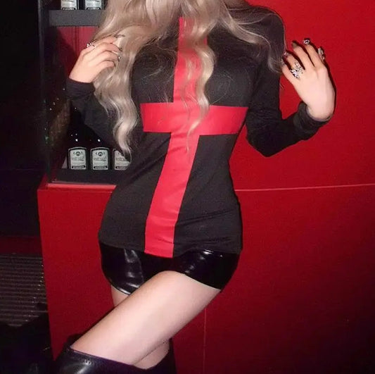 Red Cross Turtleneck Knit Top