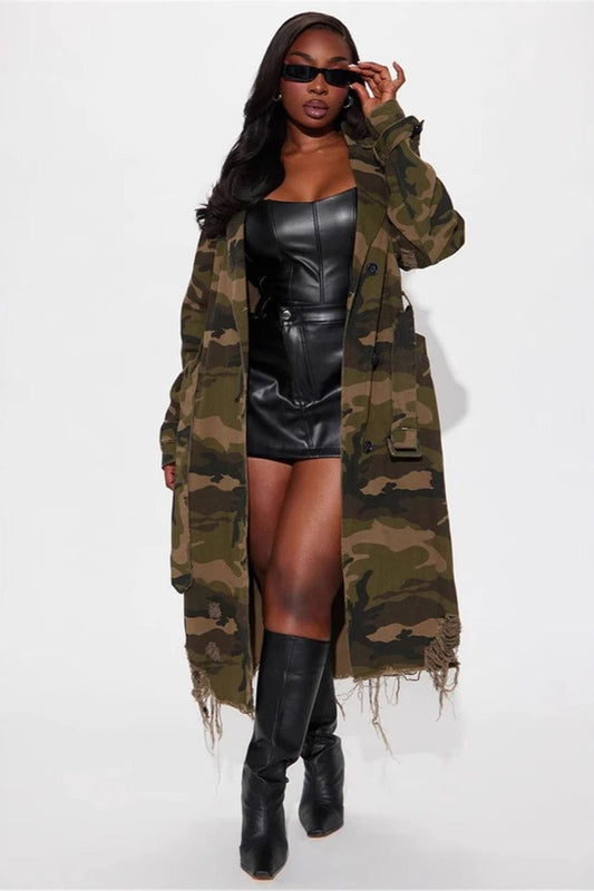 Distressed Camo Long Overcoat