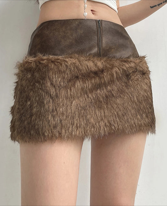 Patchwork PU Leather Furry Skirt
