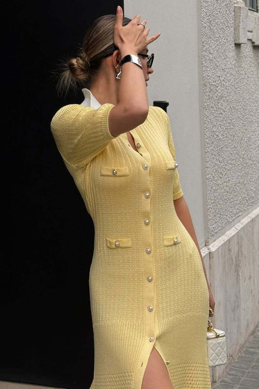 Single Breasted V Neck Knitted Slit Peter Pan Collar Midi Dress