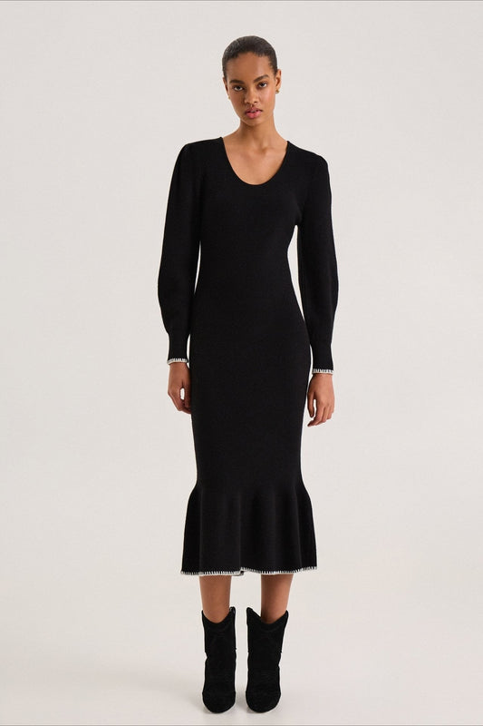 Contrast Trim Ruffle Sweater Dress