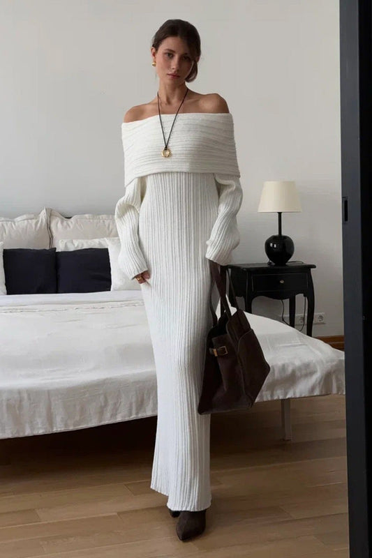 Solid Elegant Minimalist Off Shoulder Bodycon Knit Maxi Dress