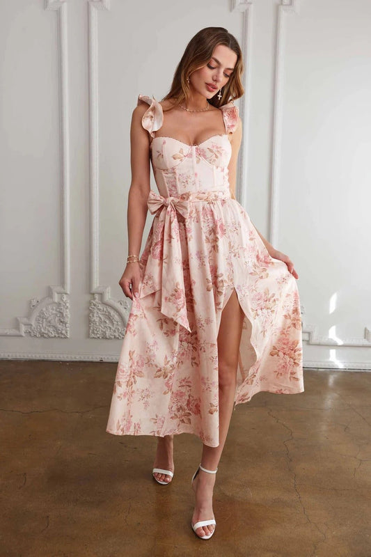 Floral Print Waist Tie Cami Midi Dress
