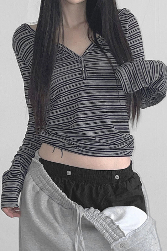 Hooded Striped Color Block Button V Neck Long Sleeve Bloshope