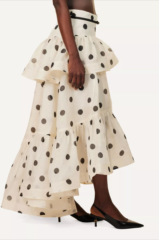 Tiered Ruffle Polka Dot Midi Skirt