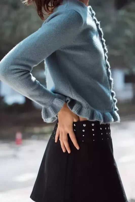 Single Breasted Ruffled Round Neck Cardigan