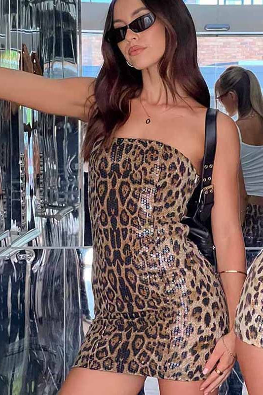 Strapless Leopard Sequin Bodycon Mini Dress